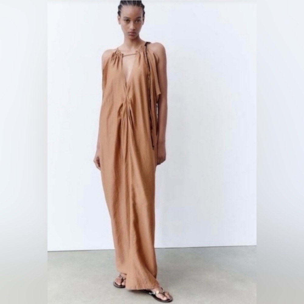 #1080 Zara Sleeveless Tan Draped Maxi Dress - Picture 5 of 14